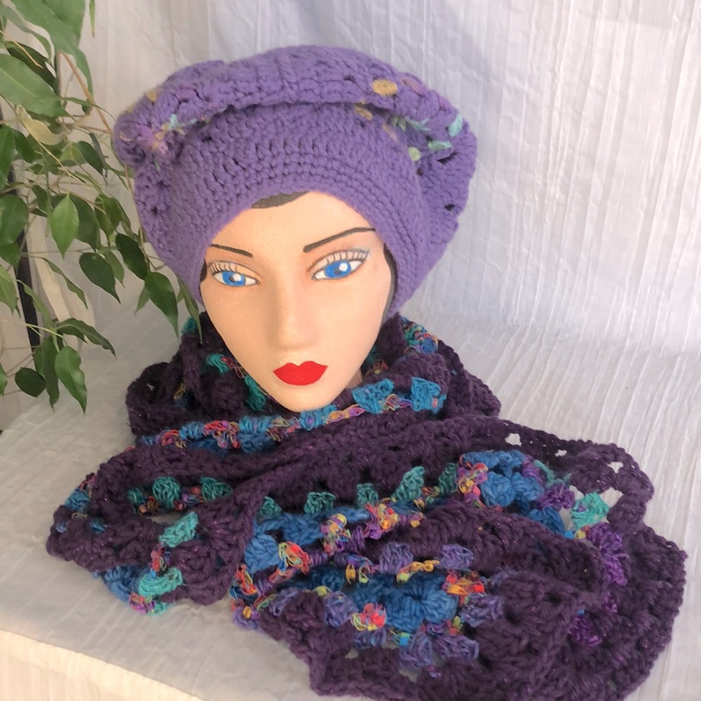Handmade crocheted beret hat light purple & long scarf dark purple 70" long